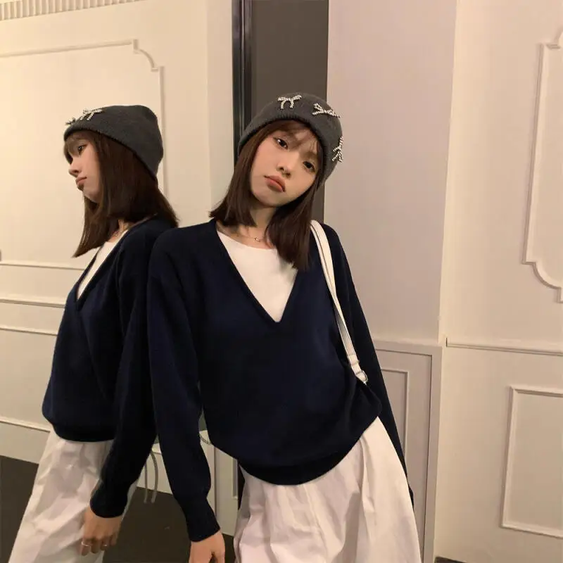 

False Two-Piece Loose Sweater Woman Autumn Winter Good-Looking Sweet Jumper Minimalist Pullover Keep Warm Lazy Knit Innerwear