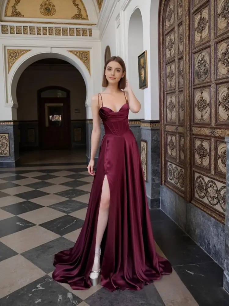 Beshinel فساتين سهرة مخصصة من الساتان بدون حمالات بفتحة جانبية فاخرة أنيقة عنابي بدون أكمام فستان حفلات 2025 مناسبات رسمية #5