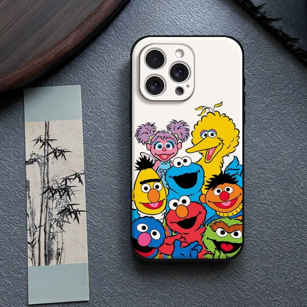 Capa de telefone dos desenhos animados S-Sesames-u-Streets para iPhone 17,16,15,14,13,12,11 Plus,Pro,Max,XR,XS,X,7,8 Plus, Mini Silicone Preto Macio