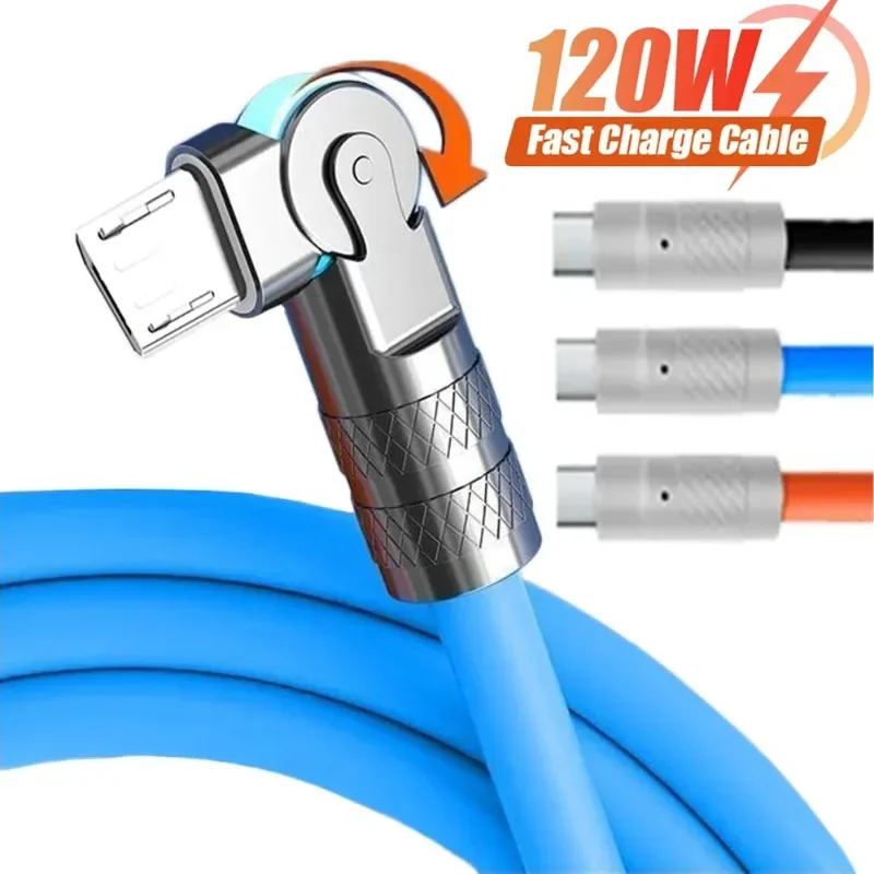 180 Rotatable Zinc Alloy Braided Micro USB Mobile Phone Data Cables 120W 5A Quick Charging Wire Cord for Android iPhone Samsung