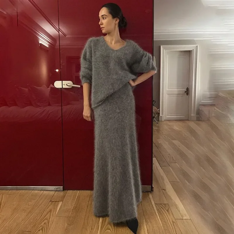 

Вязаный костюм из искусственной норки, женский осенне-зимний повседневный свитер с v-образным вырезом, тонкая длинная юбка, элегантный женский костюм с высокой талией