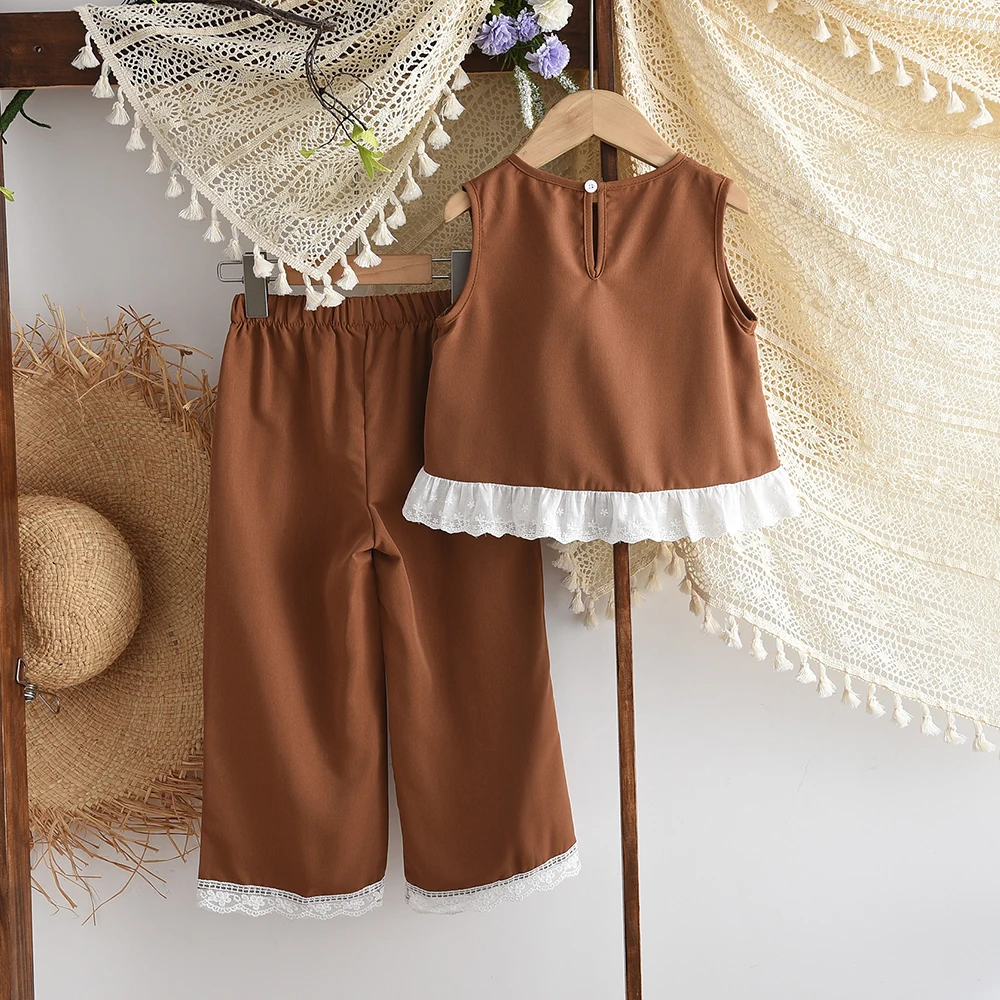 3 4 5 6 7-year-old Girl Casual Coffee Colored Clothes Round Neck Lace Vest+wide Leg Pants Two-piece Set for Summer