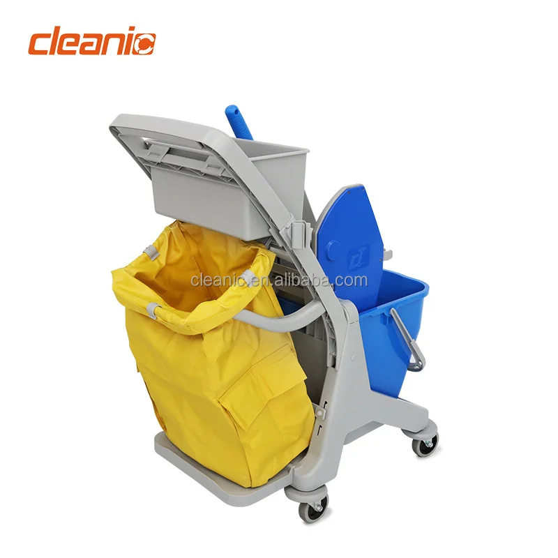 Carrito profesional pequeño de plástico azul con código de colores para limpieza del hogar, cubo con escurridor