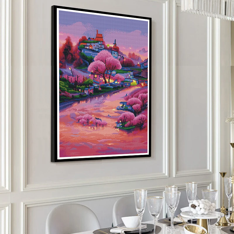Ein wunderschönes idyllisches Kreuzstich-Set, DIY-gedruckte Stickerei, vertikale Heimdekoration, rosa romantische Landschaft Wandkunst, neues handgefertigtes Materialpaket
