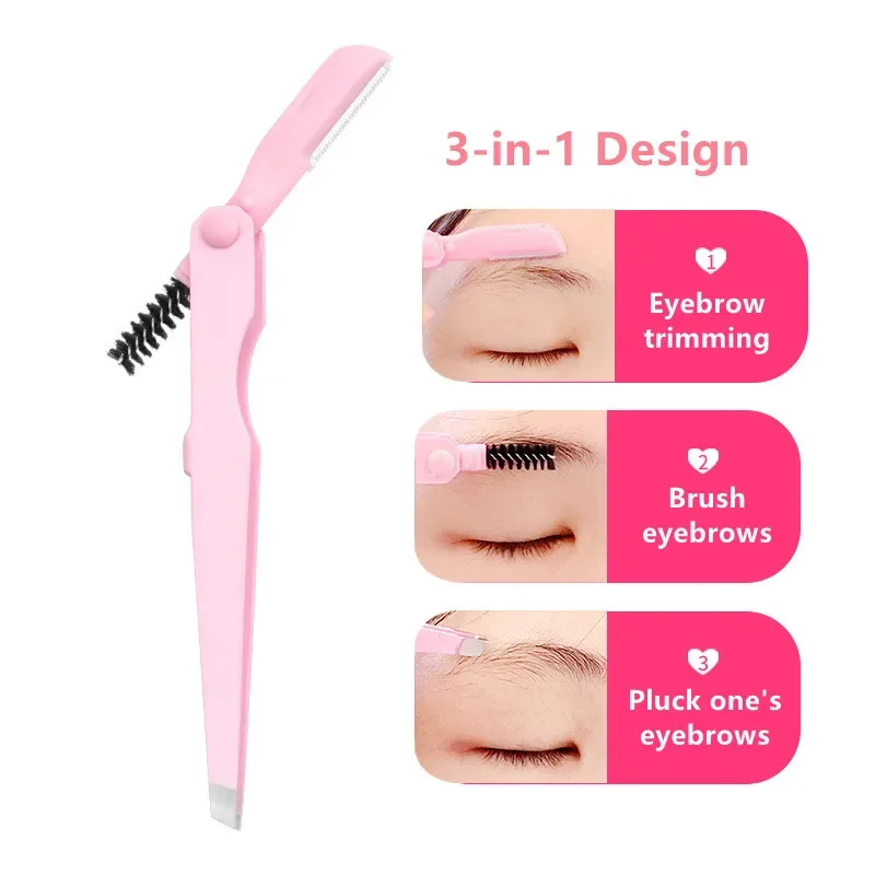 3 In 1 High-precision Eyebrow Tweezers Professional Eyebrow Trimmer with Brush Beard Removal Clips Eyelashe Grafting Tweezer 1pc