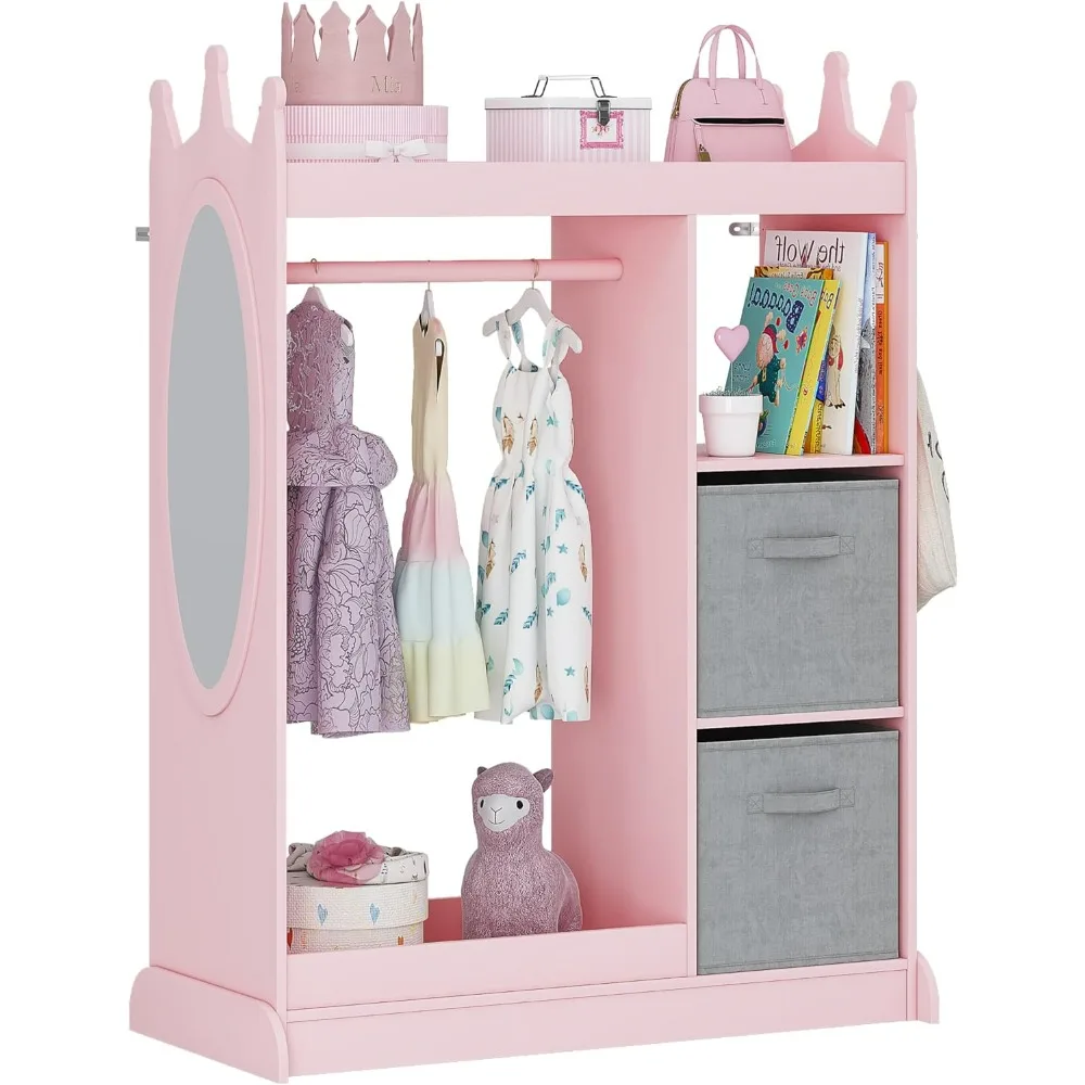 Children's wardrobe with mirror and storage compartment, pink, width 33.4 inches x depth 15.75 inches x height 44.5 inches