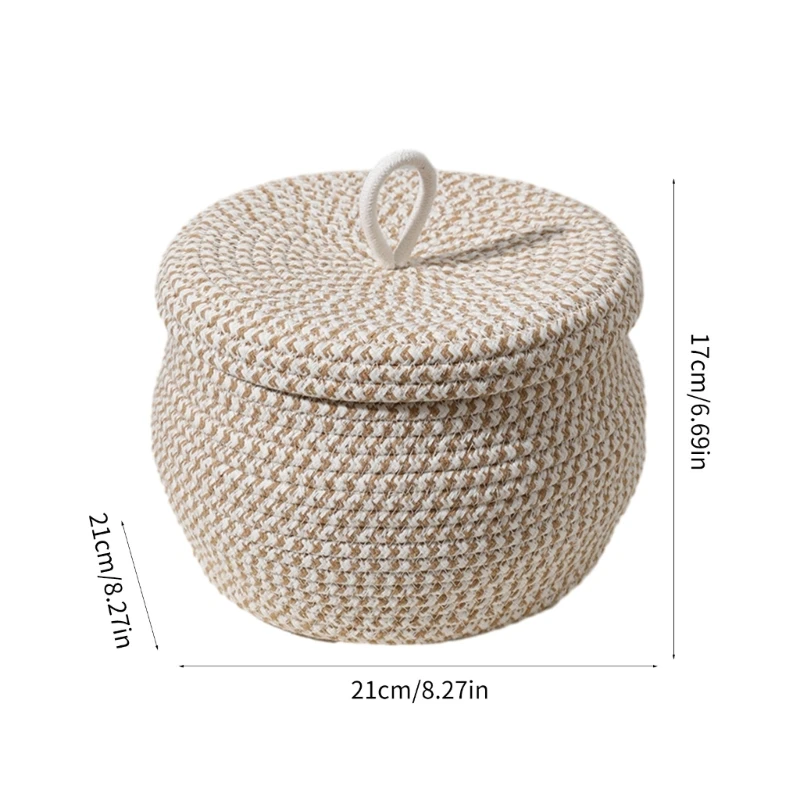 Round Baskets with Lid Hand-woven Cotton Rope Decorative Basket for Organizing