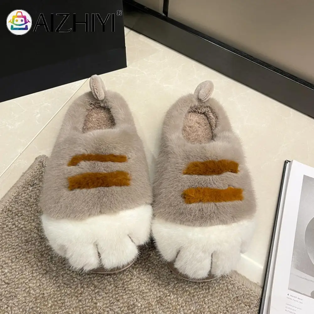 3D Cat Paw Plush Slippers Warm Slip-on House Shoes Anti Slip Fluffy Home Slippers Furry Paw Couple Slippers for Indoor Bedroom