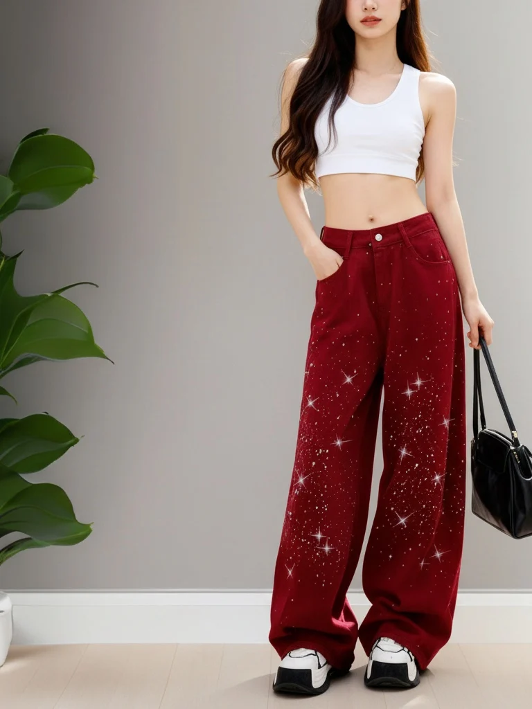 

Retro Casual Spring 2026 Women's Loose Fit Versatile Wide Leg Jeans Diamond Embellied Design High Waist Denim Pants