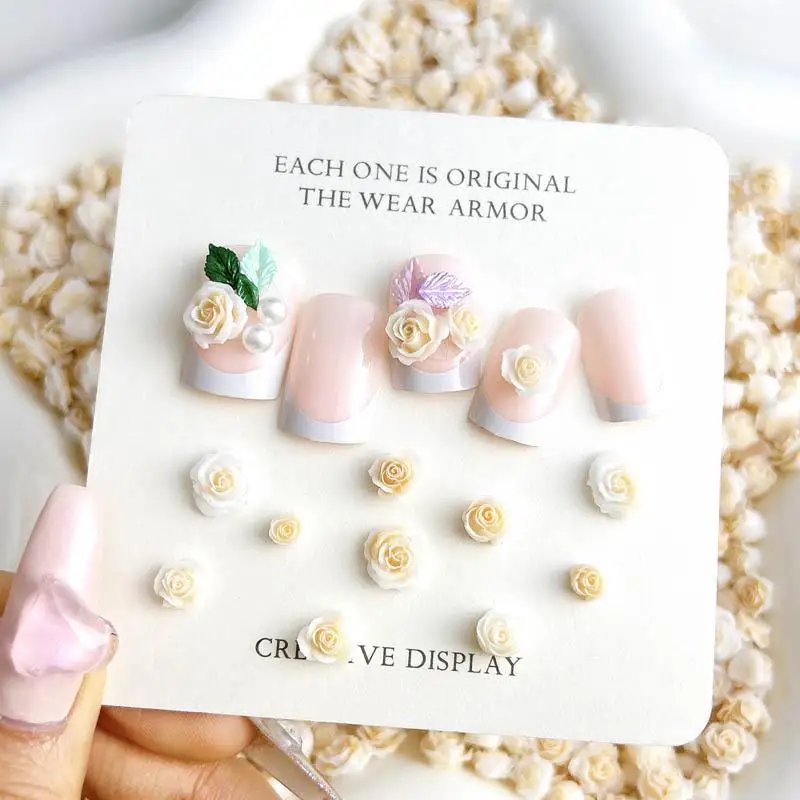 3D Beige Flower Series Nail Art Decorations Luminous Resin Rose Buds Nail Charms for Making DIY Press on Nails Accessories