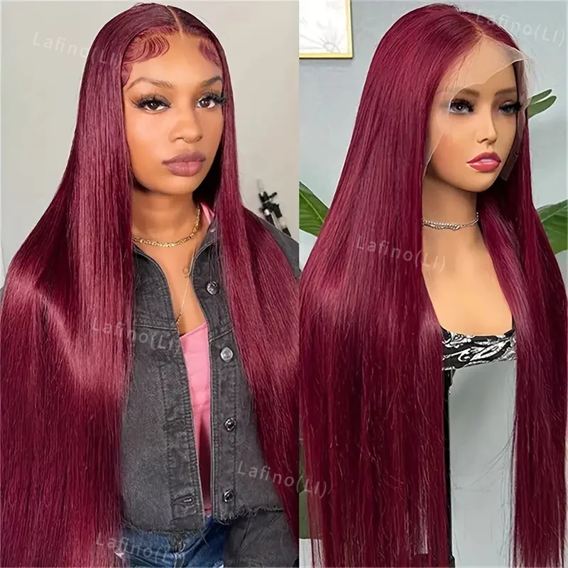 

99j Burgundy 13x4 13x6 Hd Frontal Lace Brazilian Preplucked Colored Straight Frontal Wigs Hd Transparent Lace Human Hair Wigs