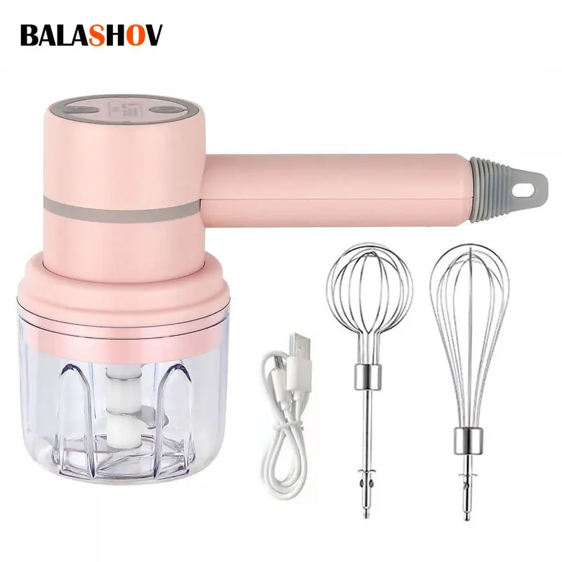 USB 2 In 1 Wireless Electric Garlic Chopper Masher Whisk Egg Beater 3-Speed Control with 2 Mixing Rods Kitchen Handheld Frother