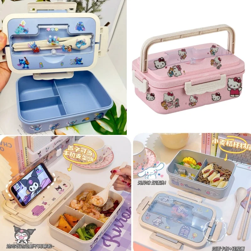 Kotak Makan Siang Bento Hello Kitty dengan Sendok, Sumpit, Stiker Sanrio, Portabel untuk Siswa, Kotak Makanan Ringan Sandwich 3 Sekat yang Dapat Dipanaskan
