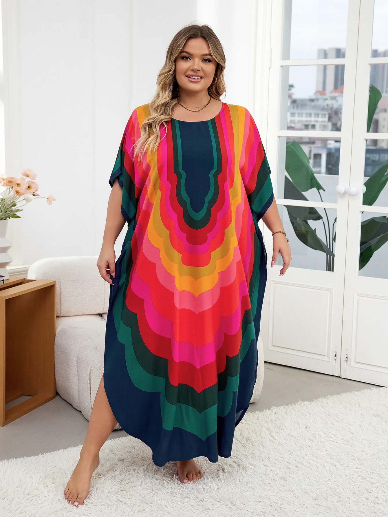 LORYLEI Plus Size kolorowe kobiety Kaftan długa sukienka dla kobiet 2024 letnie casual z okrągłym dekoltem rękaw w kształcie skrzydła nietoperza