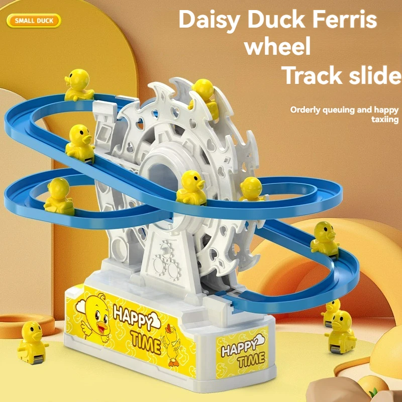 Children Toys Electric Music Duck Ferris Wheel Slide Toys with LED Light DIY Rail Racing Track Playing Set Gift for Boys Girls