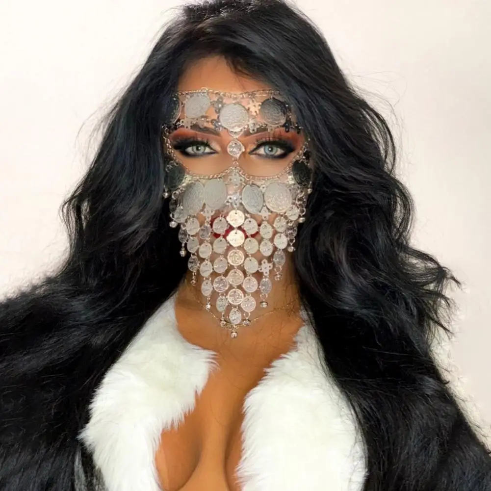 Tassel Curtain Veil Belly Dance Metal Coins Tassel Face Chain Women Masquerade Cosplay Veil Halloween Party Hair Accessories