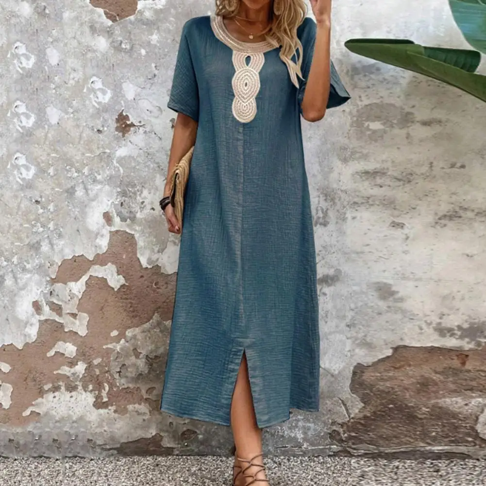 

Women Dress Women Midi Dress Bohemian Retro Midi Dress with Split Hem O Neck for Summer Vacation Breathable Casual Women's