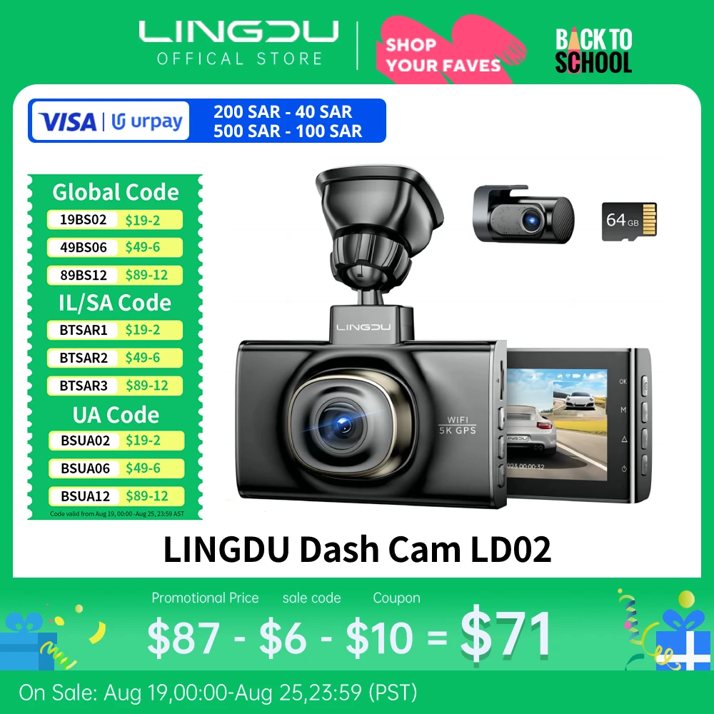 

LINGDU 5K Dash Cam LD02 Car DVR Dual Dashcam Front and Rear Camera 170° WDR IR Night Vision 24H Parking Mode Build-in GPS WIFI