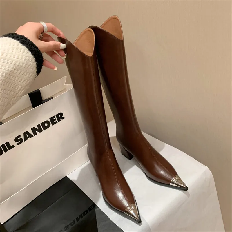 2023 Winter Knee-High Boots for Women Metal Pointed Toe Knight Boots Split Leather High Heels Women Boots Concise Boots De Mujer