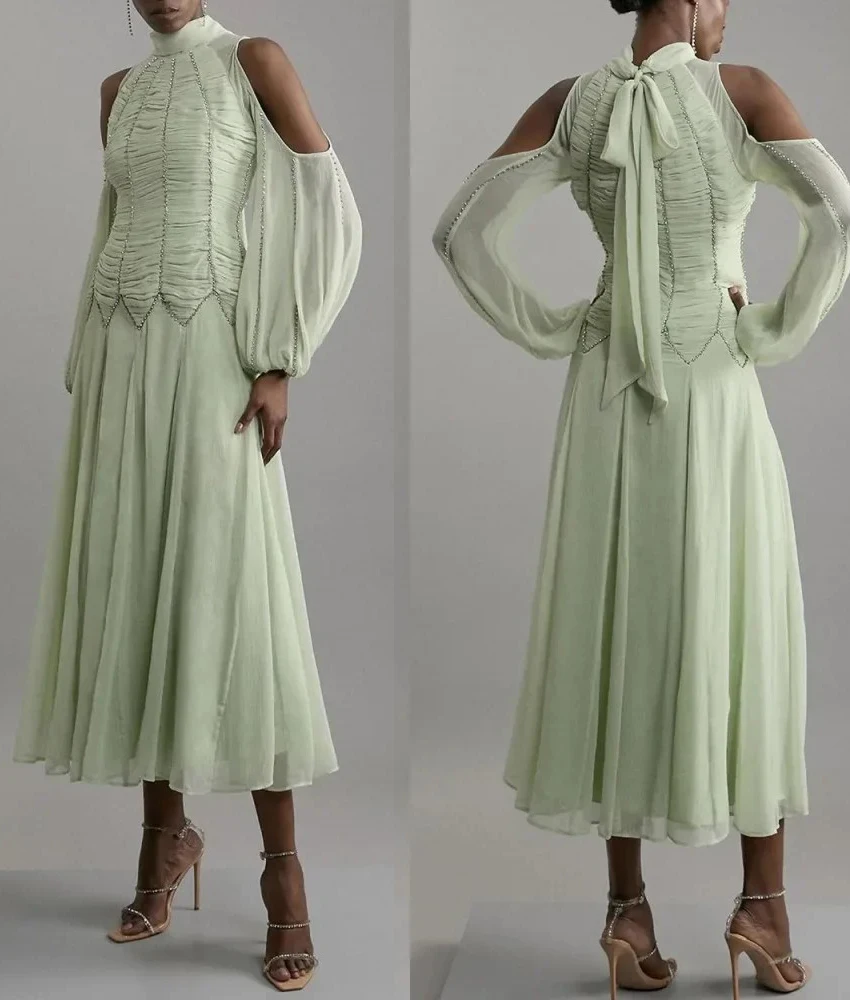 

Customized Graceful Chiffon A-Line Crystal Beading Evening Dress Temperament Long Sleeves High Collar Ankle Length prom dresses