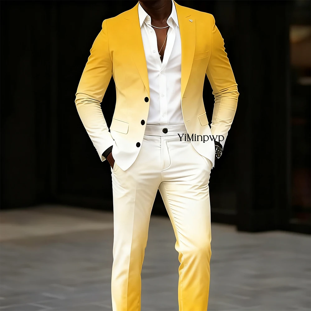 

YiMinpwp Yellow Men's Suits 2 Piece Linen Casual Suit for Men Gradient Color Daily New Party Holiday Wear Prom Night Suit XS-5XL