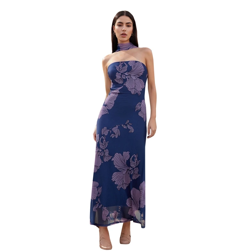 Combhasaki Vestido largo de tubo con estampado floral estético vintage Y2K para mujer, vestido veraniego sin tirantes con espalda descubierta y bufanda con gargantilla