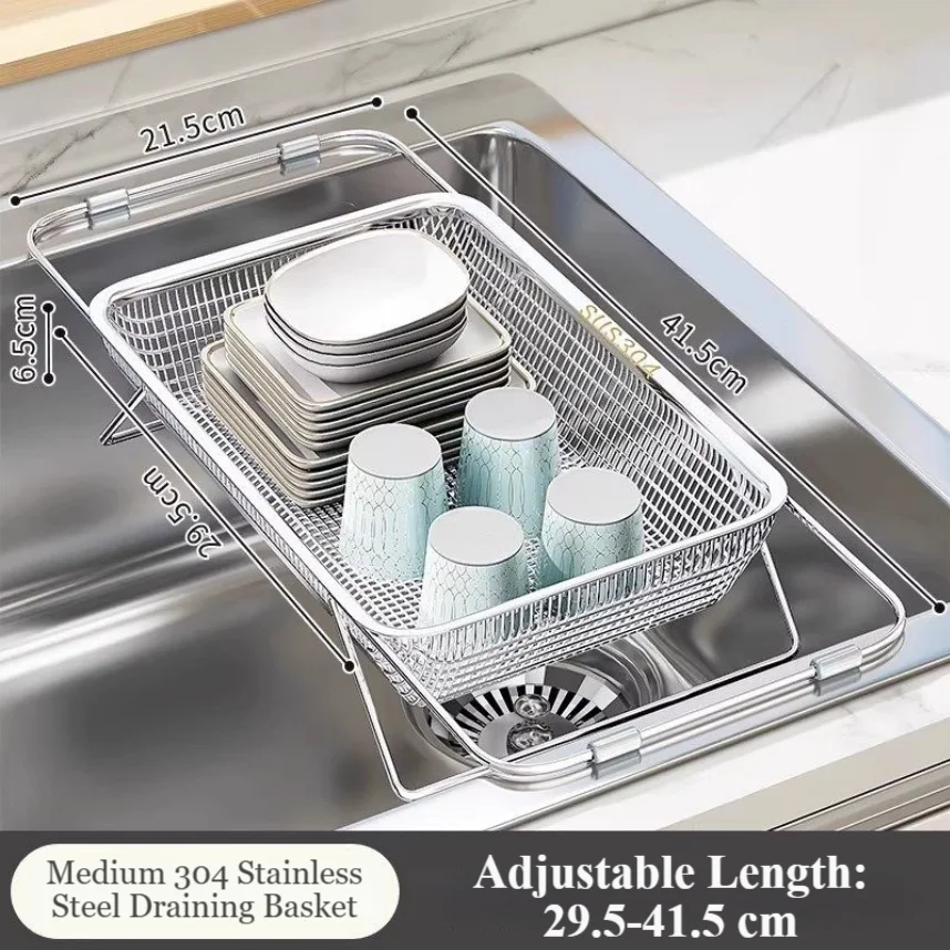 Over Sink Dish Drainer with 304 Stainless Steel Body and Drain Mesh Layout Optimized for Water Runoff and Item Containment