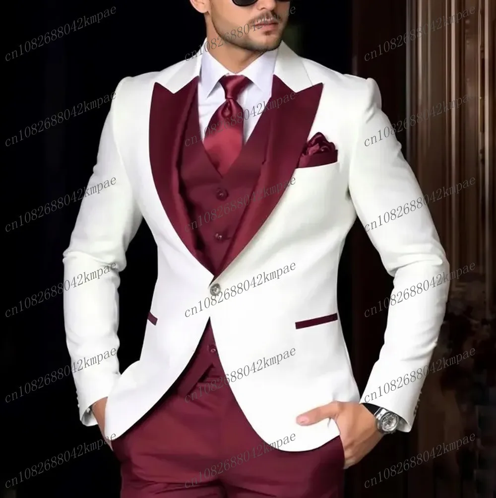 

Новый белый и бордовый деловой мужской костюм для жениха, жениха, свадебной вечеринки, выпускного вечера, деловые мужские смокинги, комплект из 3 предметов, пиджак, жилет, брюки
