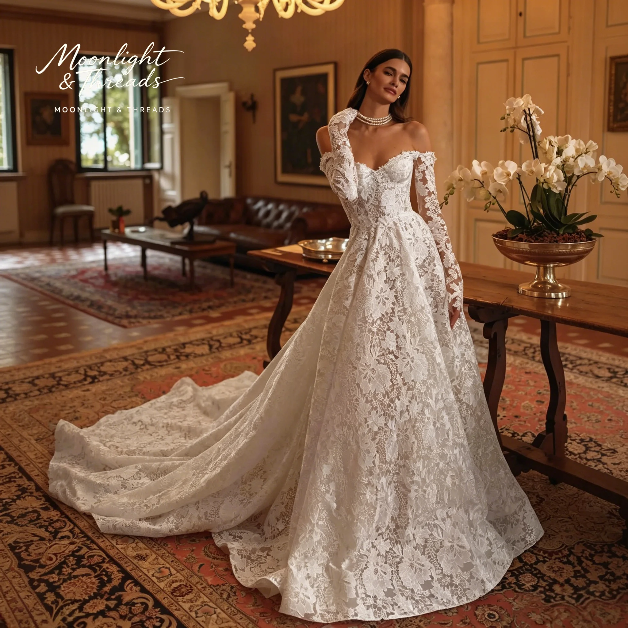 Ivory lace off-the-shoulder long-sleeve A-line floor-length formal wedding gown with exquisite embroidery