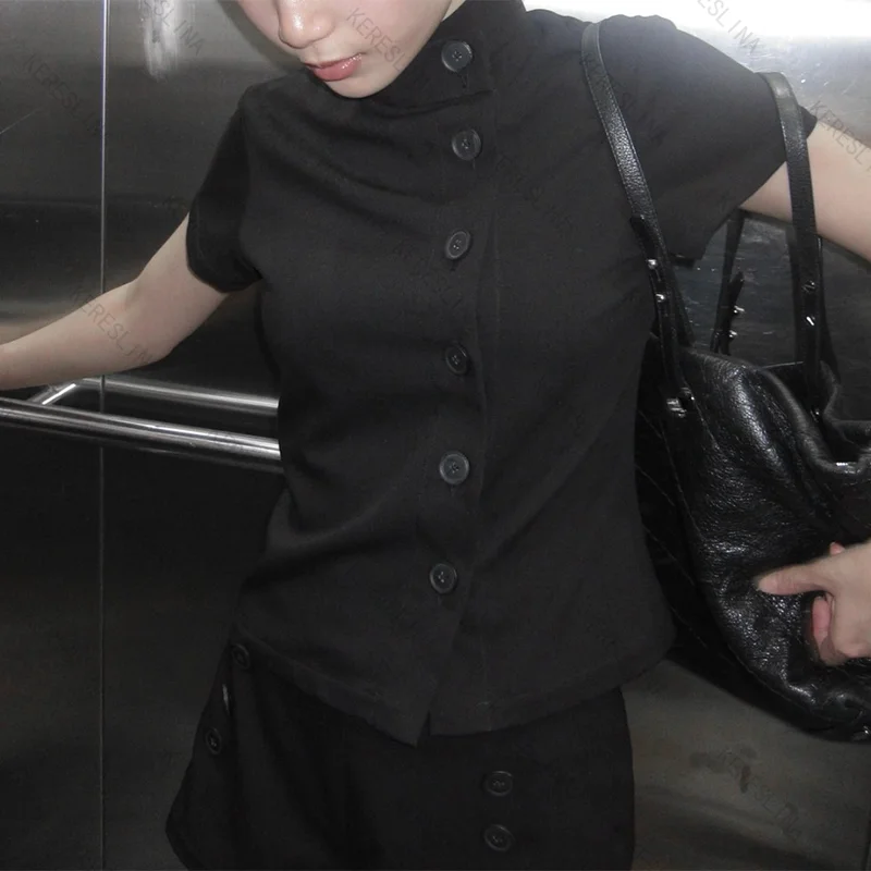 Harajuku  High Street Trendy Fashion Popular Comfortable Versatile Short Sleeve Half High Collar Top American Street Button Top