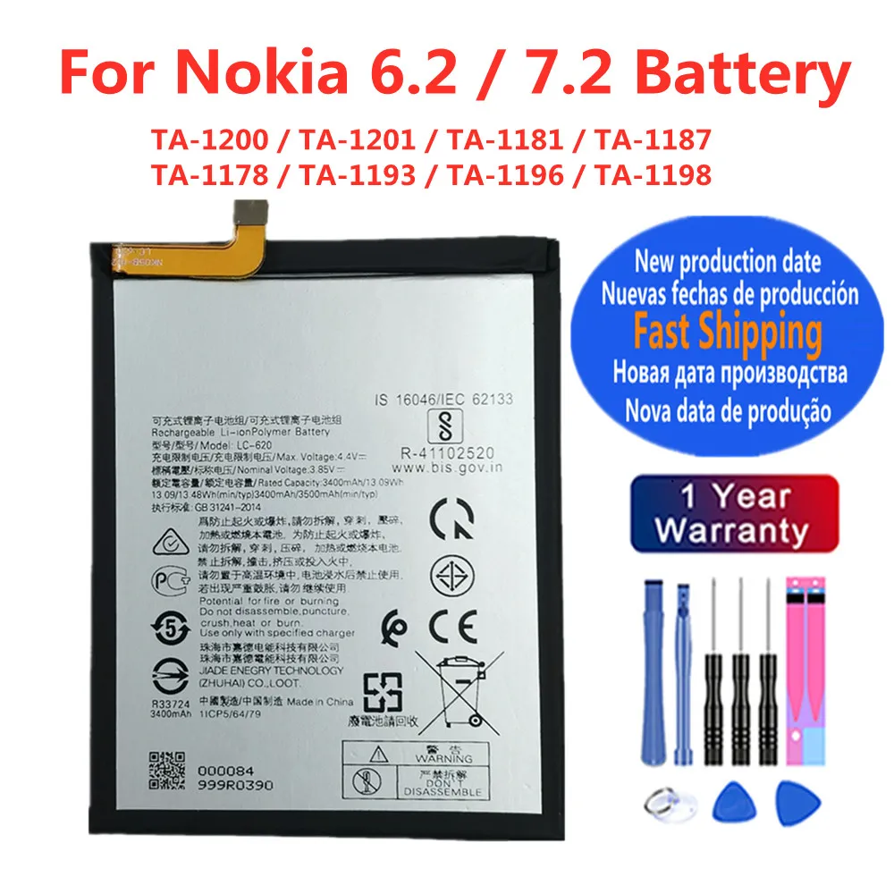 

New 3500mAh LC-620 Battery For Nokia 6.2 7.2 TA-1200 TA 1201 1181 1187 1178 1193 1196 1198 LC 620 LC620 Mobile Phone Bateria