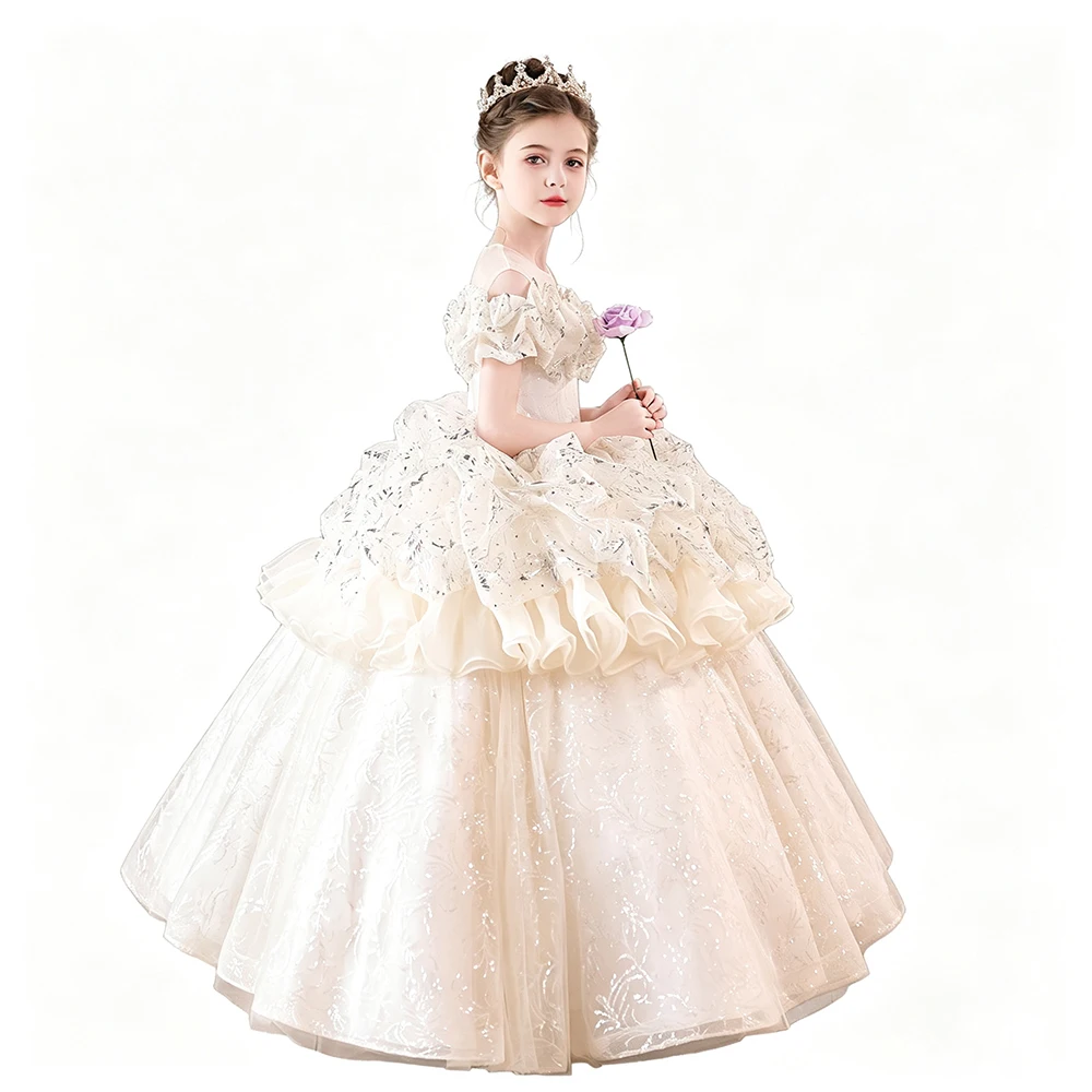 High End Shiny Sequined Pageant And Evening Layered Dress For Girls Kids Princess White Wedding Party And Banquet Ball Gown