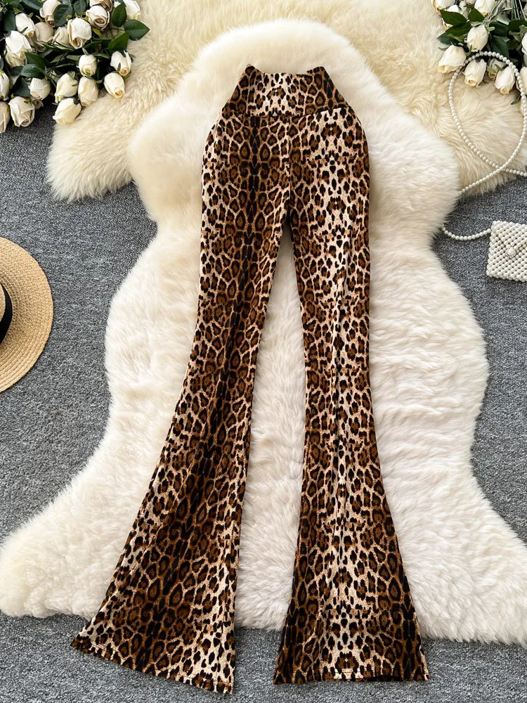 American style spicy girl high waist slim fit leopard printing micro flared pants women's spring summer bag hip casual pants