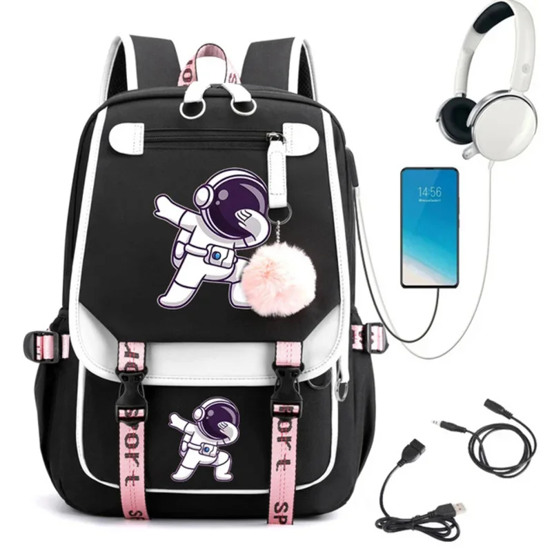 USB carregamento dos desenhos animados astronauta mochila, saco de escola infantil, anime Bookbag, estudante, meninas, adolescente Bagpack, nova moda