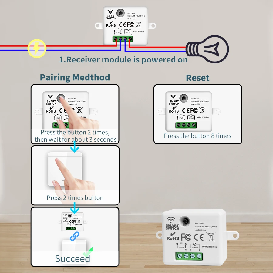 ワイヤレスウォールスイッチ,1/2/3ギャング,rf 433mhz,LEDファンランプ用リモコン,10a 110v,220v