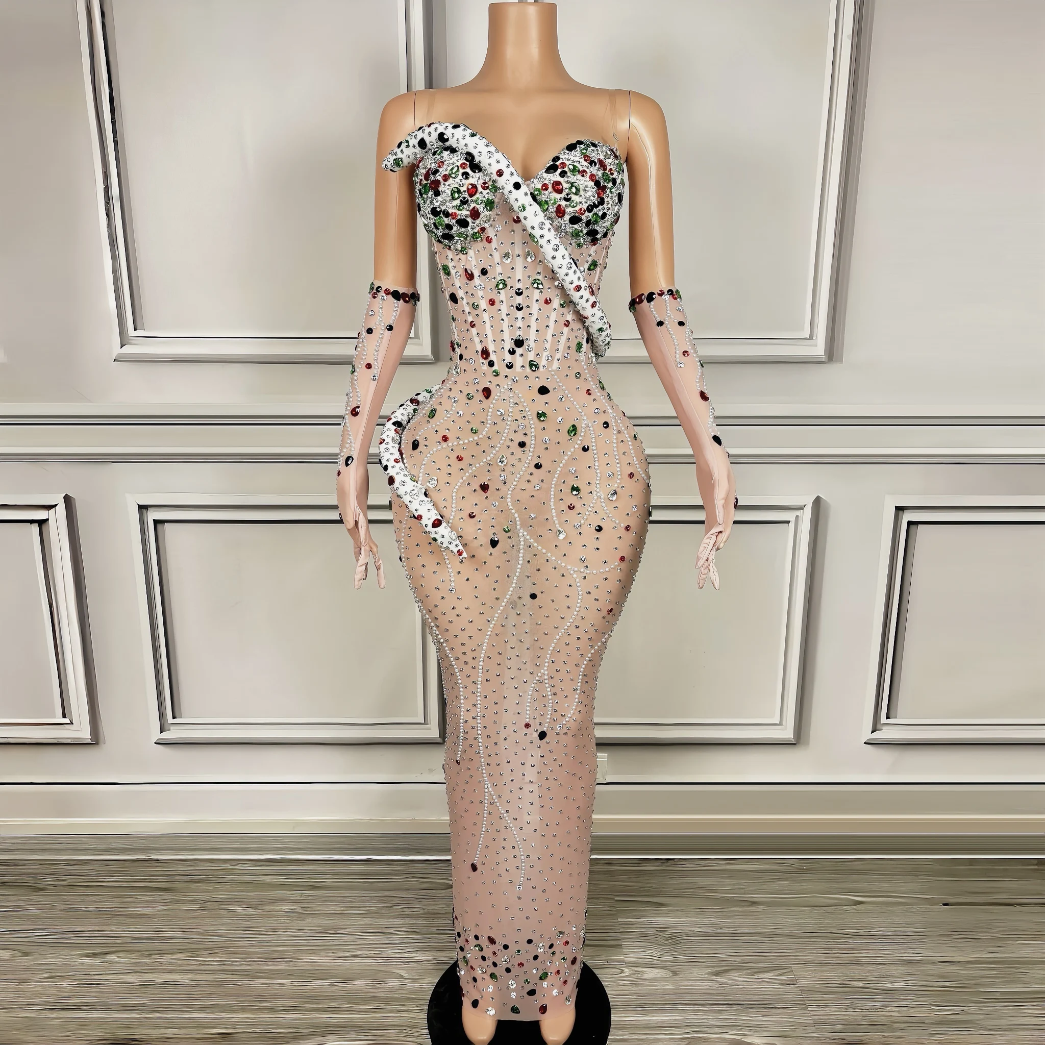 

Colorful Rhinestones Golves Sexy See-Through Strapless Dress Evening Party Performance Costume Nightclub Singer Stage Wear