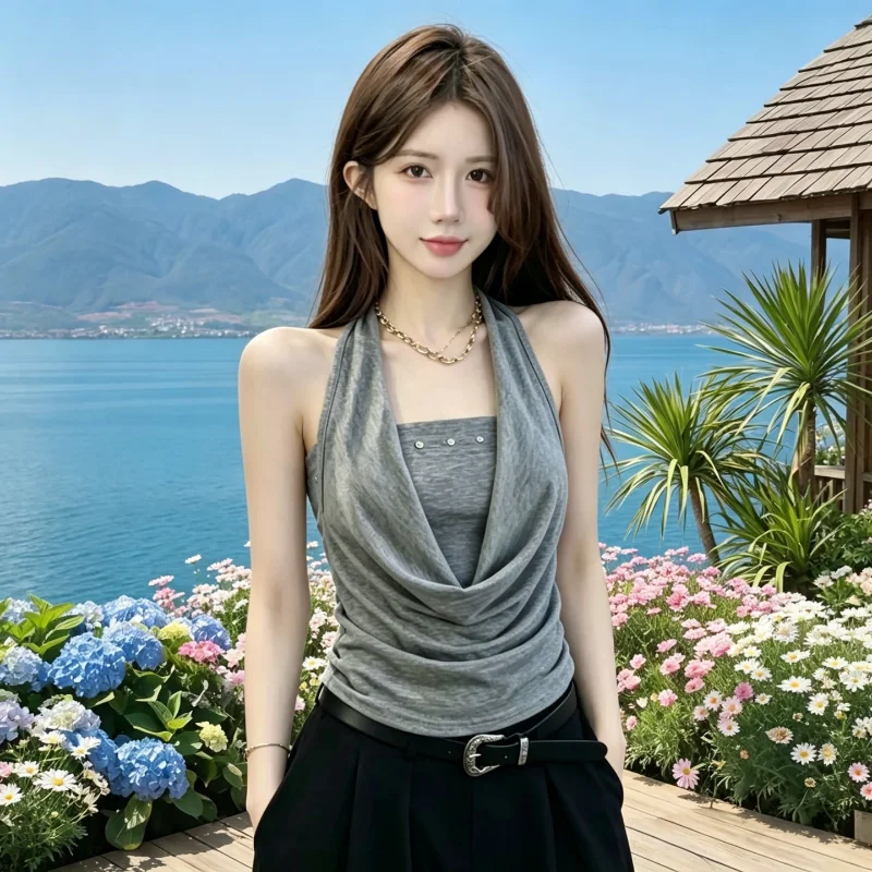 Pure Desire Sexy Neck Hanging Vest Strap Women's Summer New Sleeveless Shoulder Exposure Beautiful Back Short Top