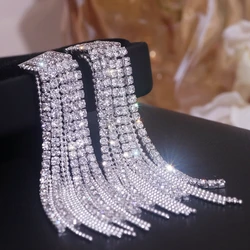 New Classic Shiny Crystal Earrings Exaggerated Long Tassels Earrings for Women Silver Color Rhinestone Earrings Party Jewelry