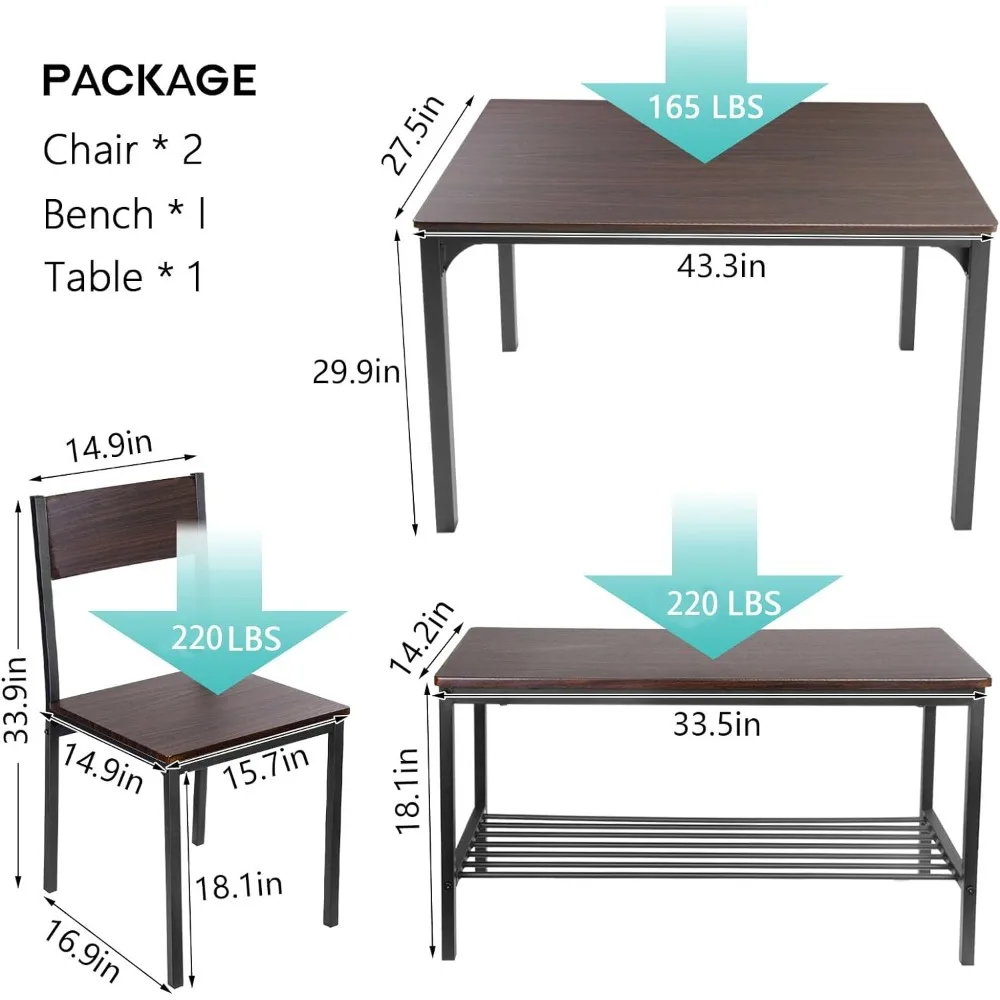 Dining Table Set for 4, 43.3 Inch Kitchen Table Set with Chairs and Bench, 4 Piece Dining Room Table Set for Small Space