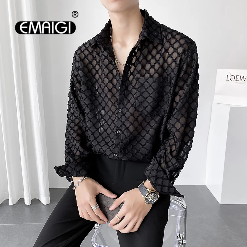 

Men's Translucent Hollow Plaid Korean Streetwear Fashion Loose Casual Long Sleeve Shirt Male Dress Shirts Tops Stage Clothes