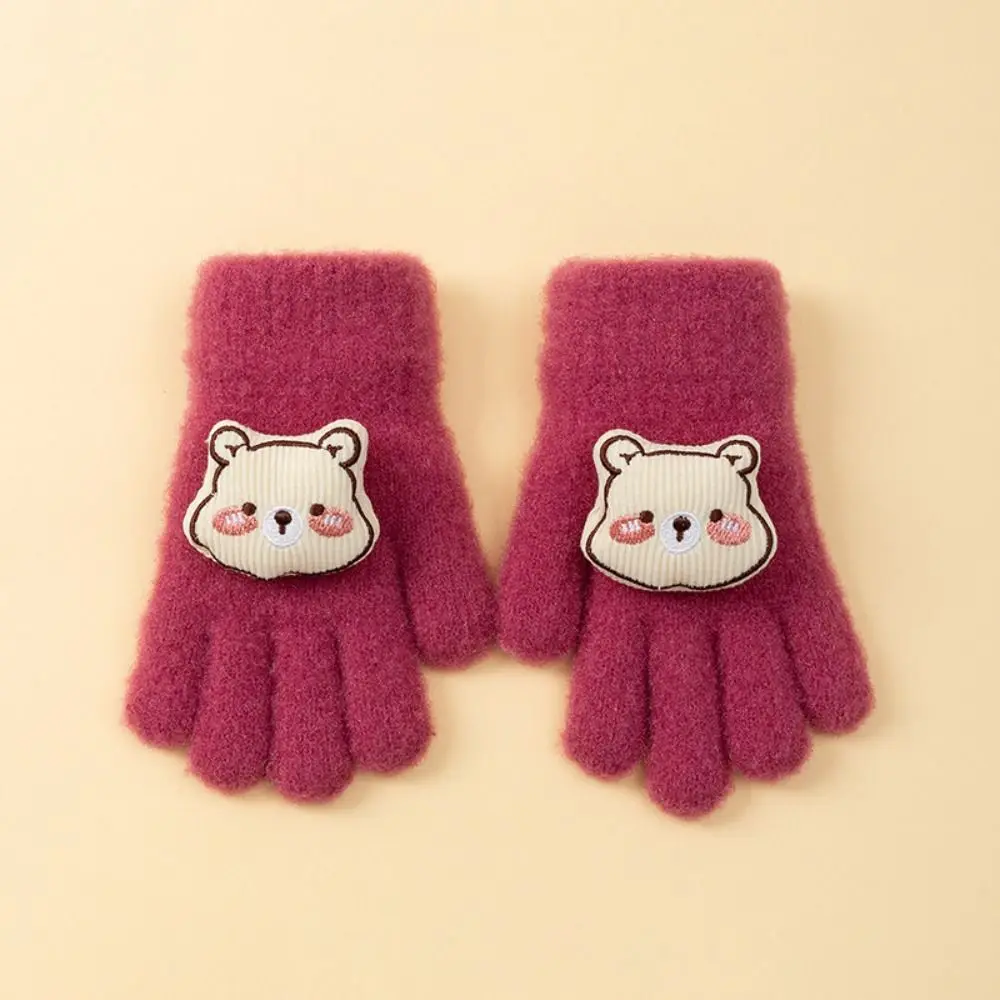 Thicken Bear Baby Fluffy Gloves Plush Doll Korean Style Cartoon Pattern Gloves Full Finger Solid Color Knitted Mittens Kids