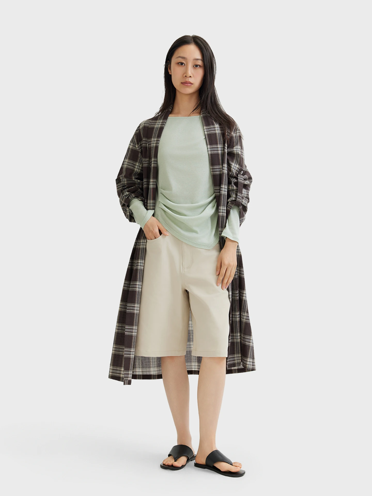 

SEEI Women's Long Open Cardigan Physical Sun Protection Plaid Casual Loose Fit Cotton Flannel Texture Turn-down Collar Shirt
