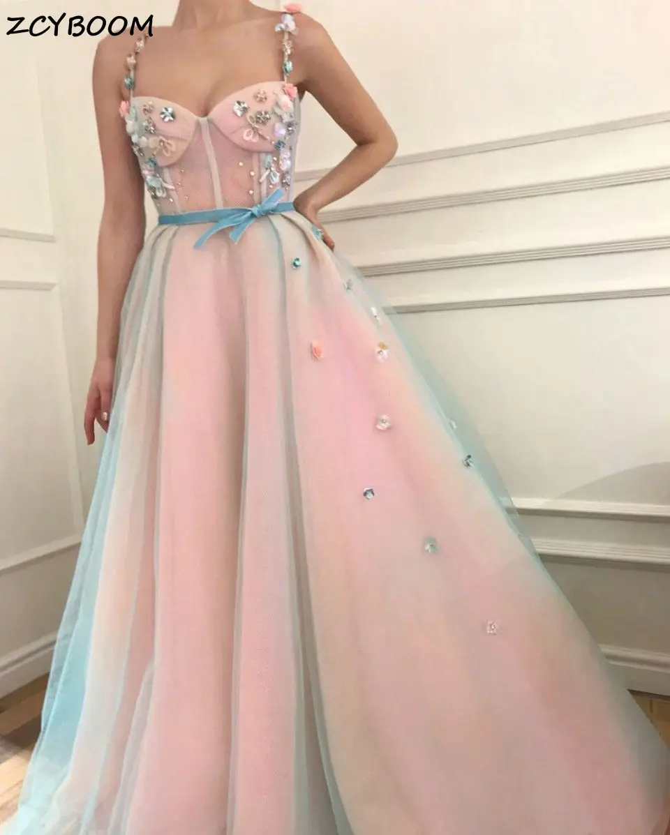

Pink Blue Prom Dresses Women Formal Party Elegant A-Line Appliques Sequins Vestidos De Gala Spaghetti Straps Long Evening Gowns