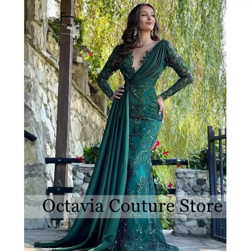 Evening Dresses for Elegant Beautiful luxury 2024 lace Emerald Green Trumpet Long Sleeves Draped Party Dresses Customized