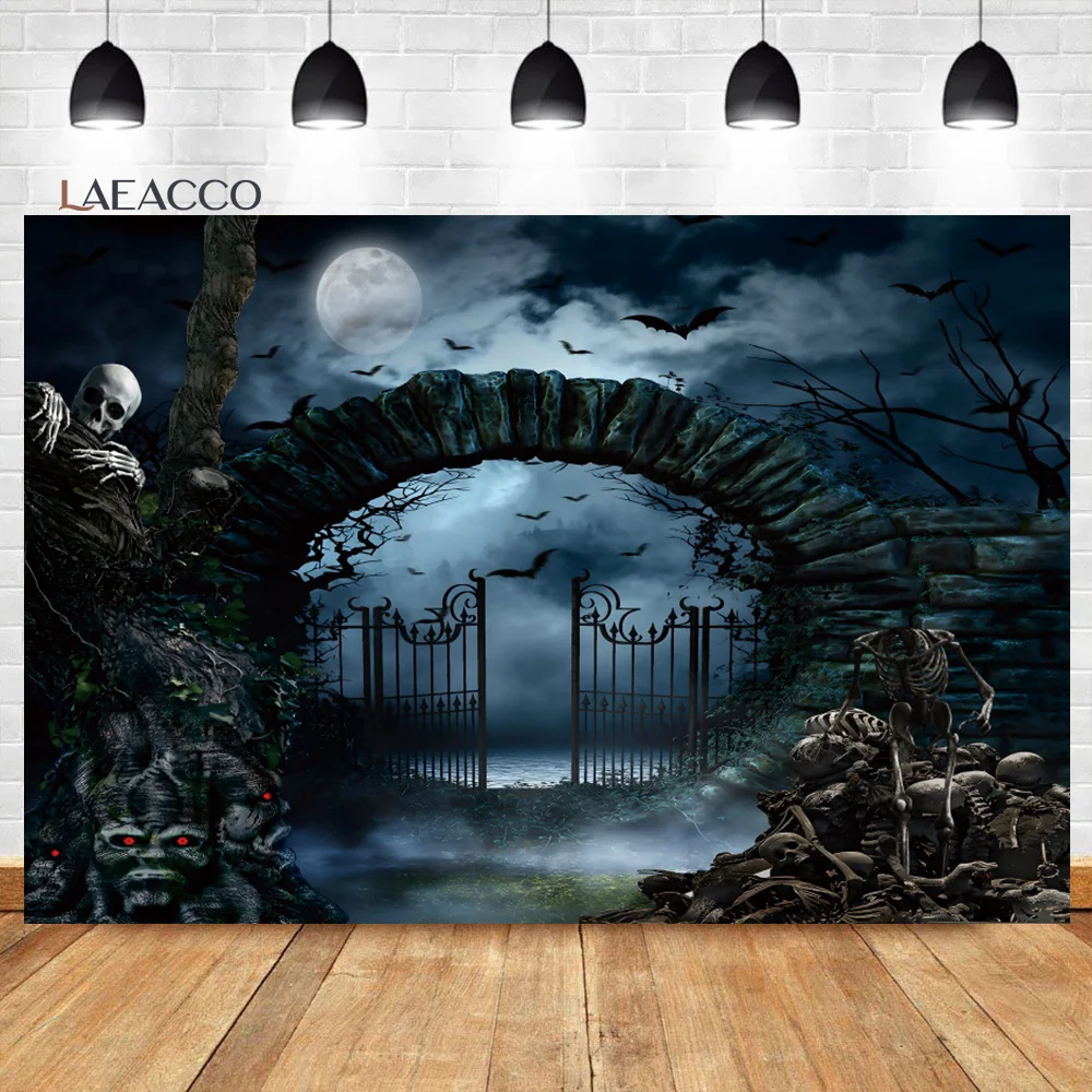 

Laeacco Halloween Night Full Moon Photo Backdrop Horrible Cemetery Gate Spooky Party Kids Child Portrait Photography Background