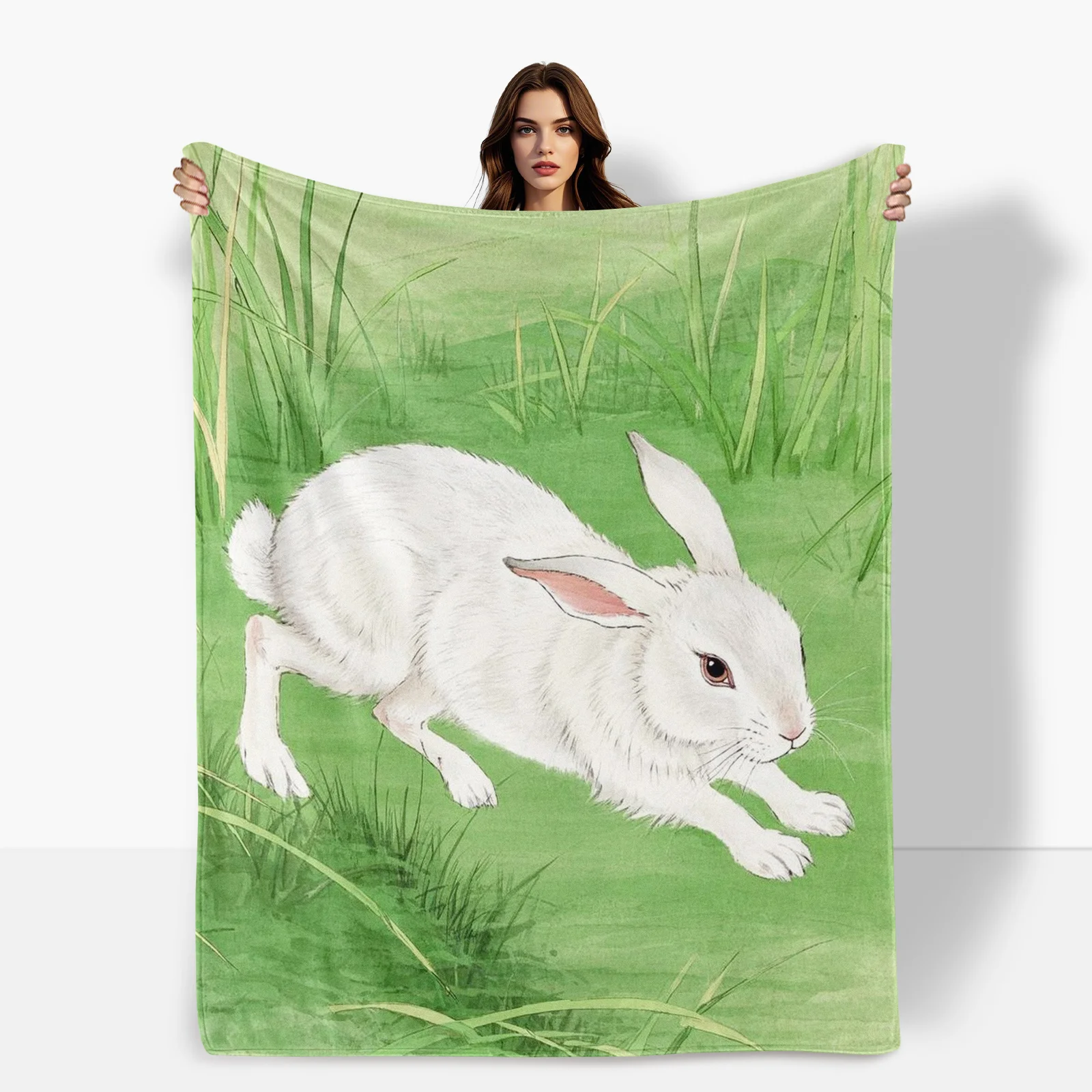 Graceful Art Meets Comfort In This Ink Wash Meadow Rabbit Theme Blanket, Ideal For Loved Ones