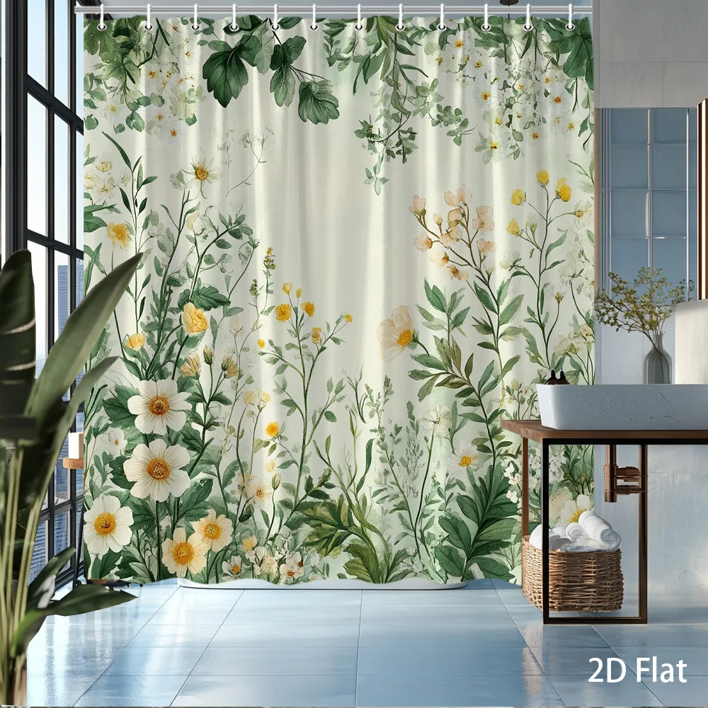 

Цветочная шторка для душа – белые и желтые цветы с зелеными листьями, водонепроницаемый полиэстер, 72x72 дюйма, декор для ванной в ботаническом стиле