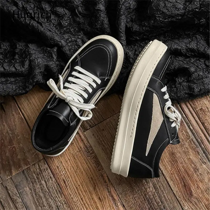Contrast Patch Leather Skate Shoes Lace Up Thick Flat Sole Low Top Casual Sneakers for Men Women Daily Street Wear