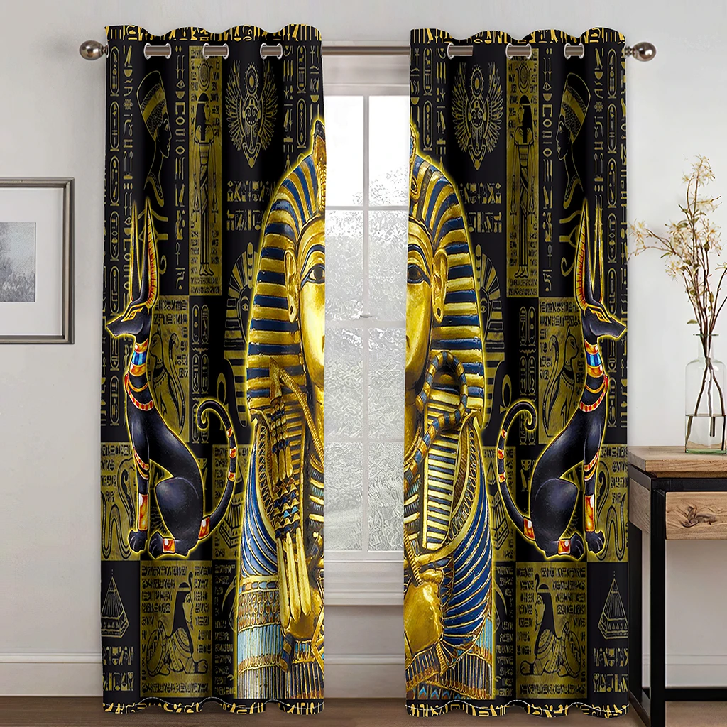 

2024 Luxury Black Gold Egyptian Gods Indian Ancient Kid's Window Curtains for Living Room Bedroom Kitchen Door Home Decor 2Pcs