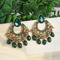 Vintage Water Drop Crystal Round Dangle Earrings for Women Luxury Pendientes Jewelry Green Beads Tassel Bohemian Earrings